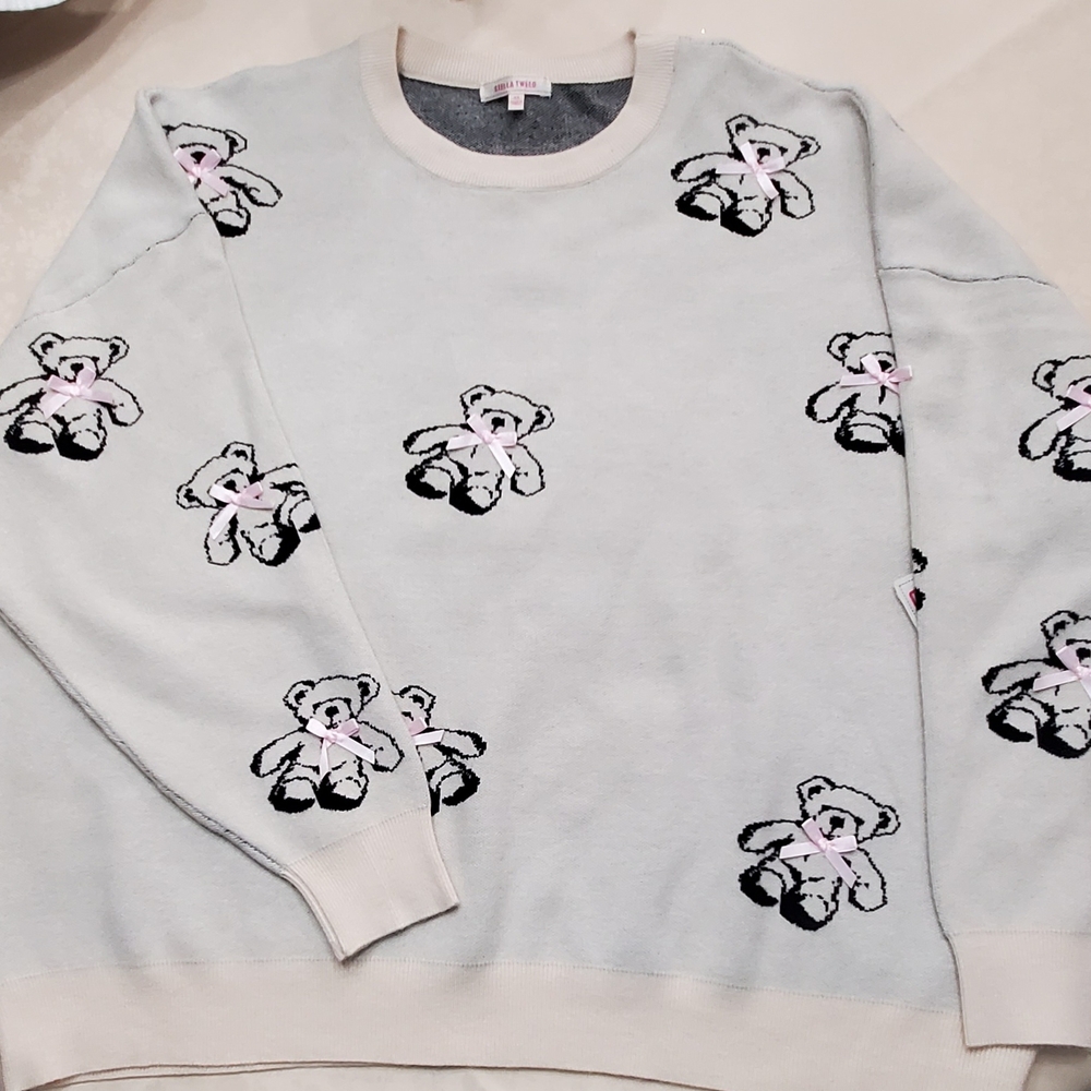NEW Teddy Bear Crew Neck Sweater with Black Bear and Pink Ribbons-Size 3X